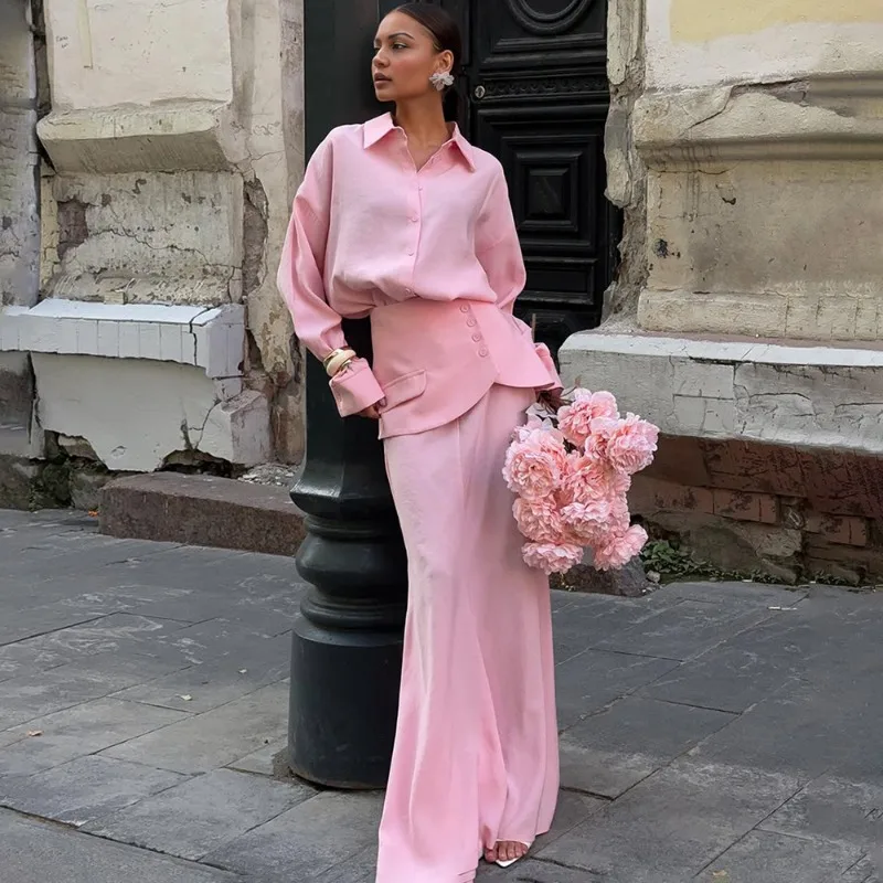 

Tuularose Pink 3-Piece Skirt Fall Fashion Collar Long Sleeve Shirt Top Solid Waist Cover Slim Skirt Set Elegant Women Dress Sets