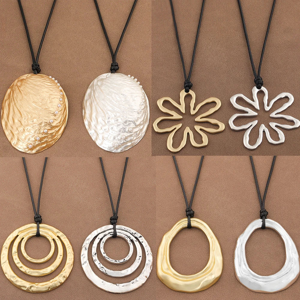 1pc Minimalist Personalized Hollowed Out Flower/Square/Shell Pendant On Lucky Long Wax Rope Sweater Chain Necklace Jewelry Gifts