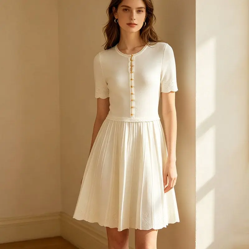 Spring Summer New Knitted Short Skirt Pure Color Simple Slimming Versatile Gentle Dress Trendy Women's Dress A-Line Midi Dress