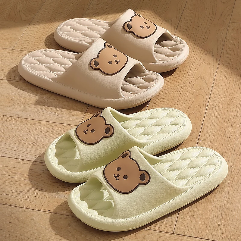 Women Summer Slippers Cute Cartoon Bear Resilience Indoor Bathroom Diamond Check Men Slides Anti-slip Anti-odor Soft Sole Shoes