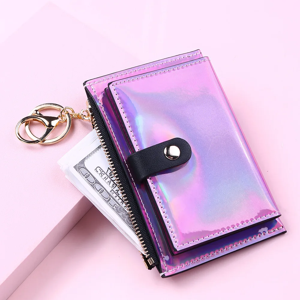 New Laser Women Wallets Fashion Keychain Zipper Coin Purse Leather Cute Card Wallet Mini Small Money Bag Credit Card Holder