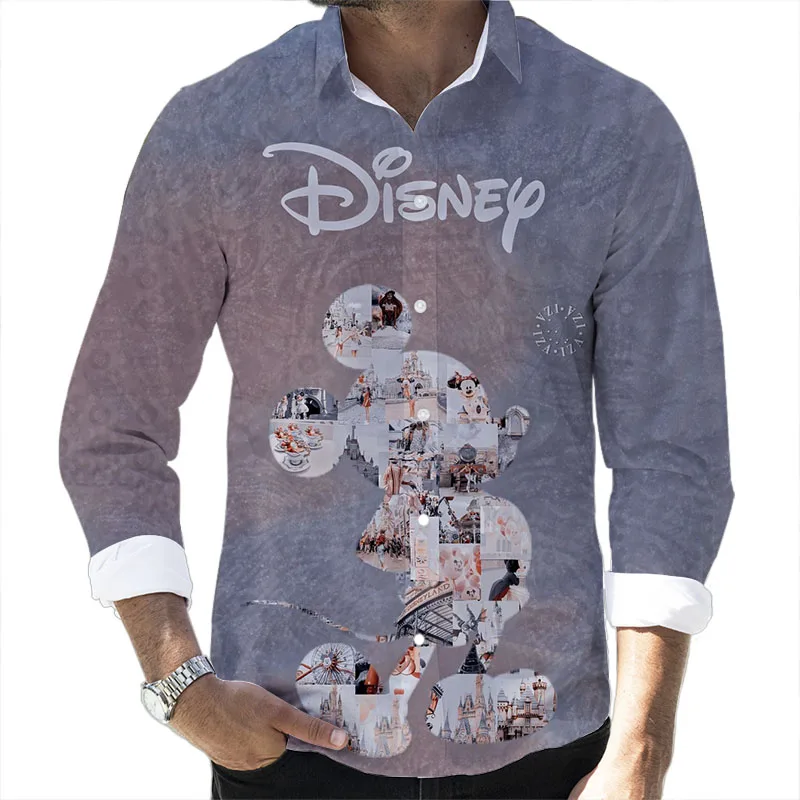 Lilo and Stitch Cartoon 2024 Spring Harajuku New Fashion Casual 3D Printed Long Sleeve Lapel Shirt Slim Men's Top