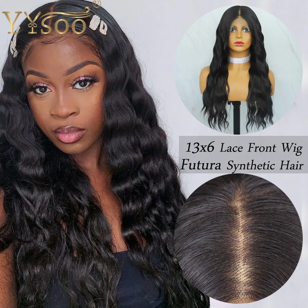 

YYsoo Long Water Wave Black Futura 13x6 Synthetic Lace Front Wigs For Black Women Glueless Heat Resistant Wig Natural Hairline