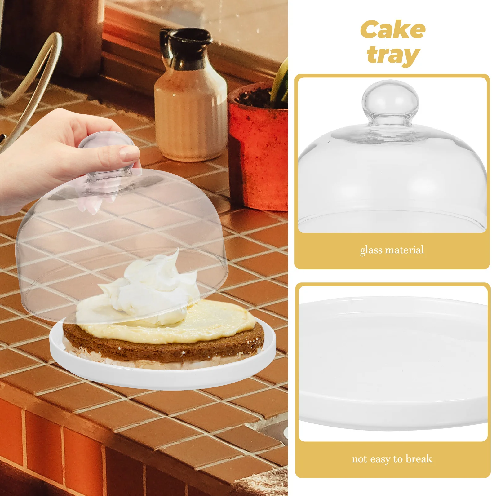 

Ceramic Cake Tray Transparent Glass Cover Stylish Food Storage Plate Dessert Platter Party Serving Tray Household Tableware