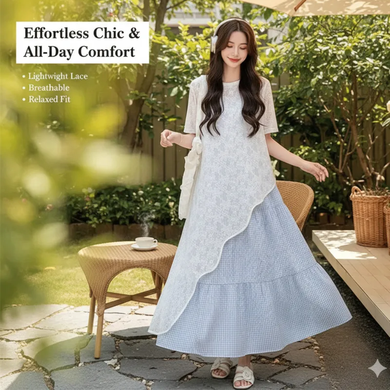 

Korean Style Midi Dresses 2Piece Set 2026 Summer New Sweet Lace Cover Up Blue Gingham Cami For Young Women Casual Vacation New