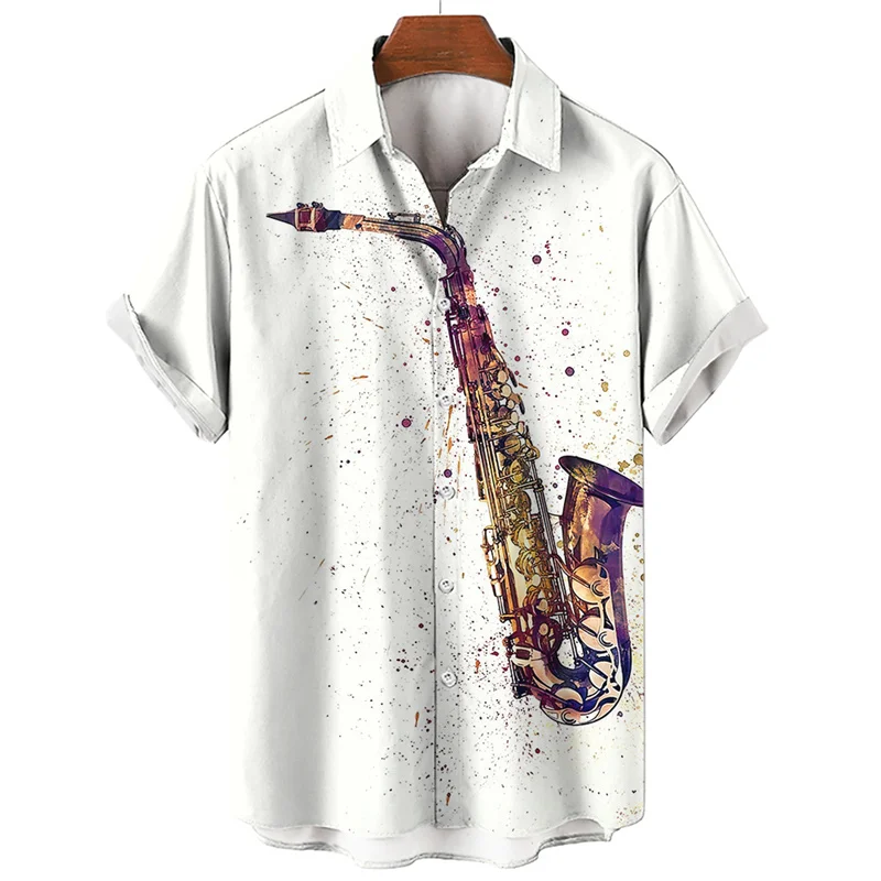 Camisa hawaiana con estampado 3d de saxofón musical para hombre, Tops de manga corta de guitarra, ropa de calle informal Harajuku, moda