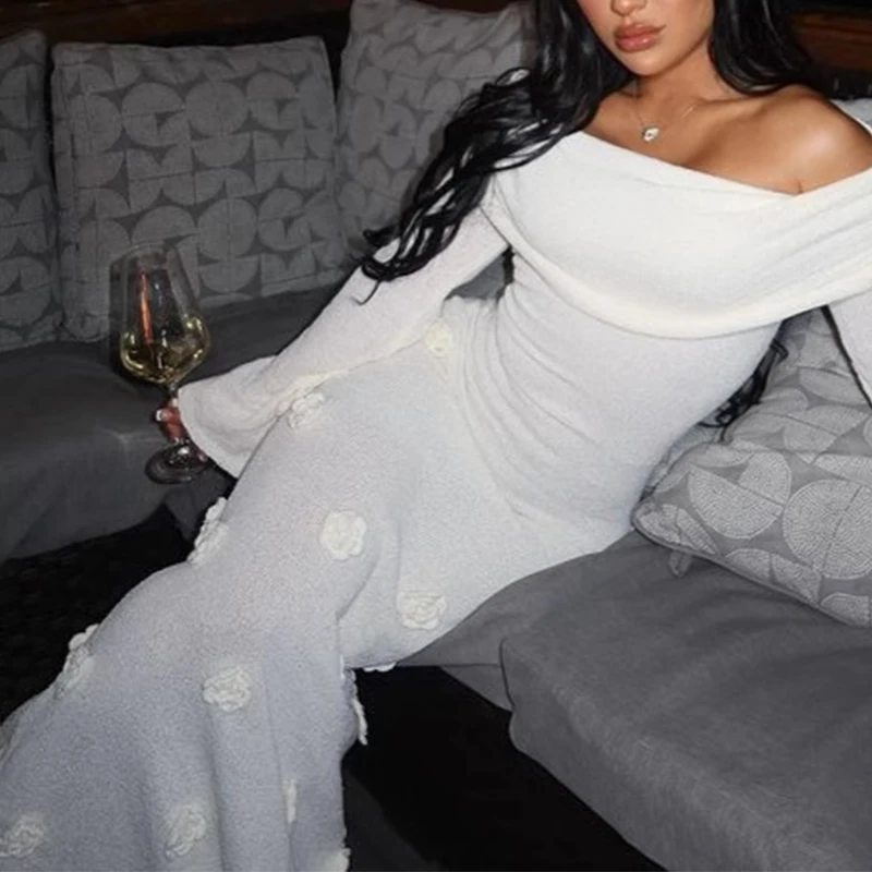 

New Women's One-Shoulder Three-Dimensional Flower European And American Slimming Dress, Sexy Knitted Long Dress For Beach Vacati