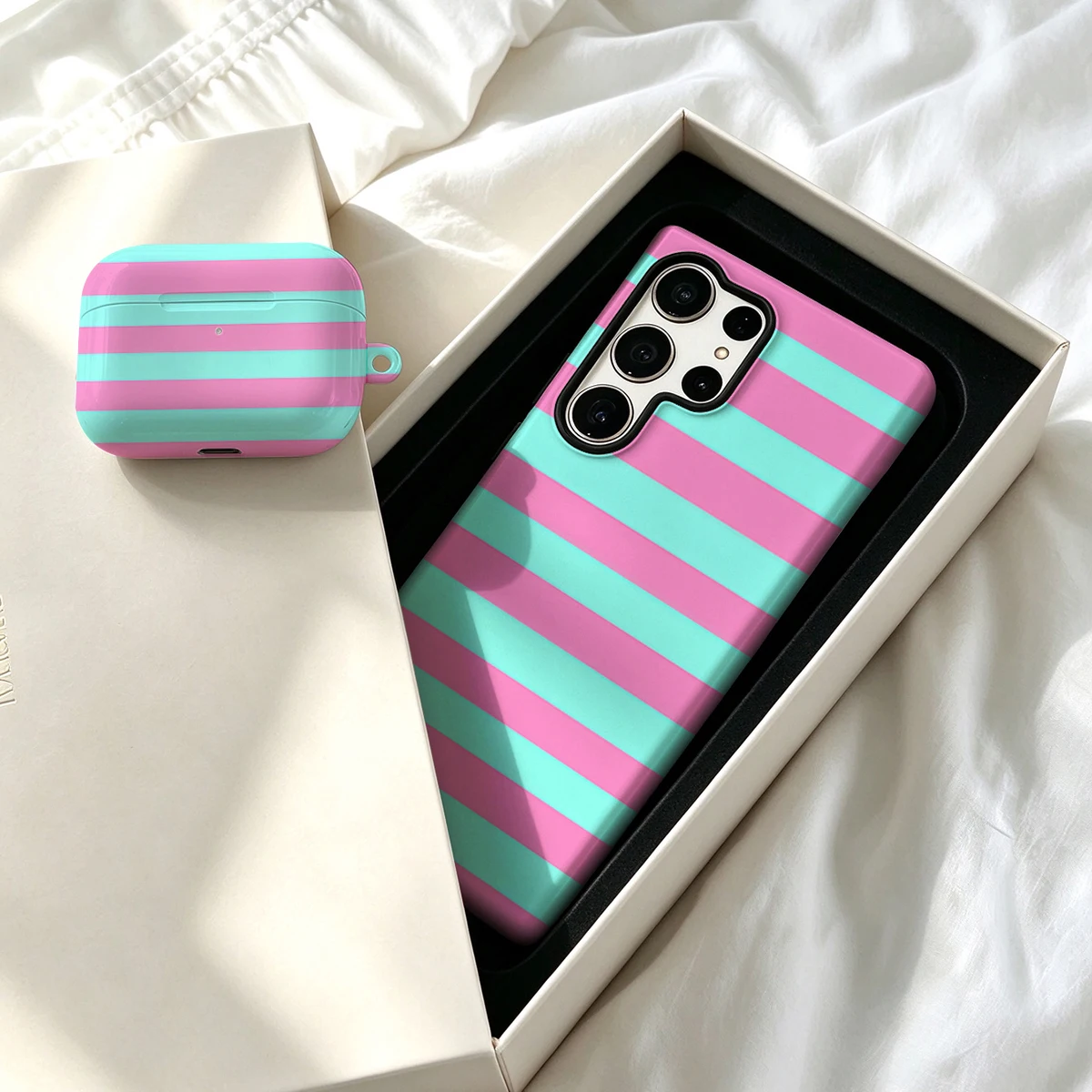Pirve Phone Case For Samsung Galaxy S26 S25 Ultra S24 S23 Plus Shockproof Double Layer Tough Back Pink Mint Stripes Cover