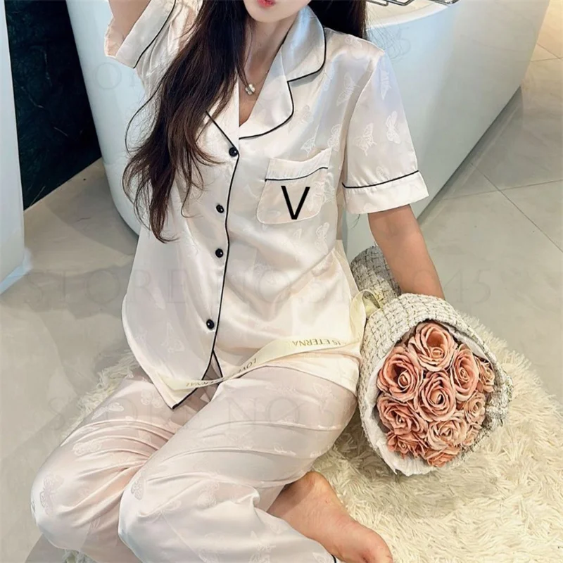 Women Pajamas Set Spring Summer Short Sleeve Trouser Suit Sleepwear Jacquard Butterfly Pyjama Pour Femme Loose Satin Homewear