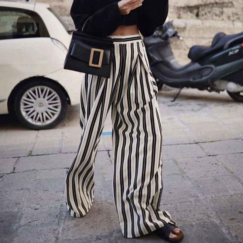 Women's Black and White Striped Wide-Leg Pants, Casual Slimming Pants, High Waist, Loose Drooping, Mop Trousers, New