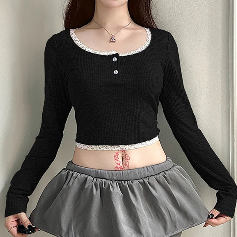 IAMHOTTY Cute Contrast Lace Stitching Cropped Top Black Coquette Aesthetic Long Sleeve T-shirts Y2K Button-up Square Collar Tees