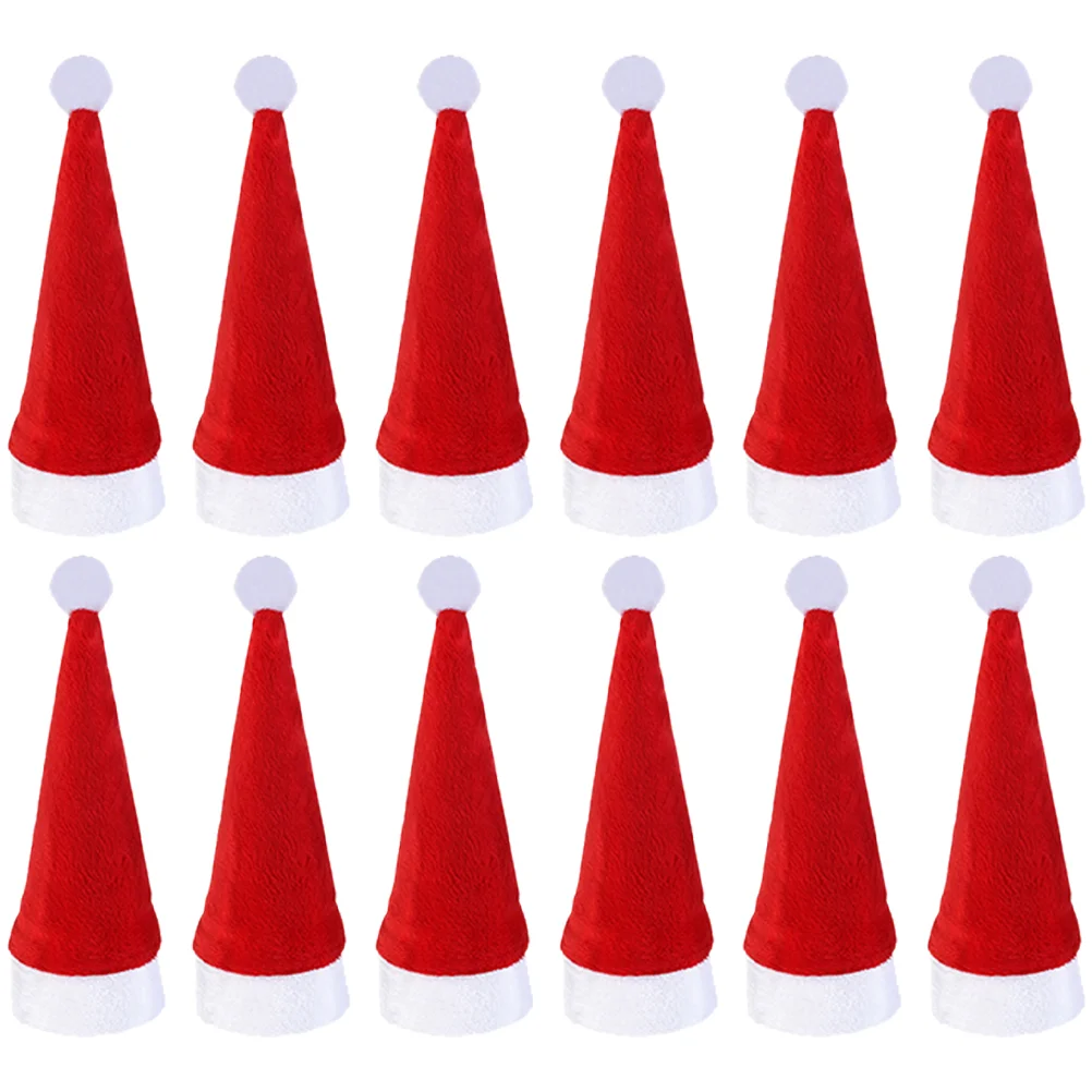 

12 Pcs Mini Santa Hat Xmas Tree Decor Costume Hats Christmas Ornaments Supply Bottles Cover Red Top Lollipop Silverware