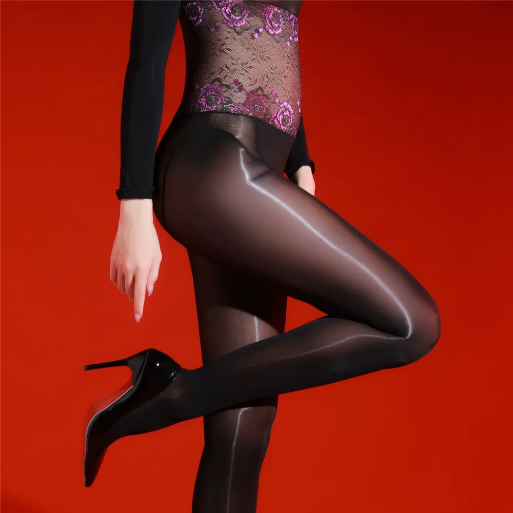 Sexy Women Oil Glossy Shiny Bodysuit Lace Elastic Tights Sheer See Through Open Crotch Shaping Maid Leotard Patchwork