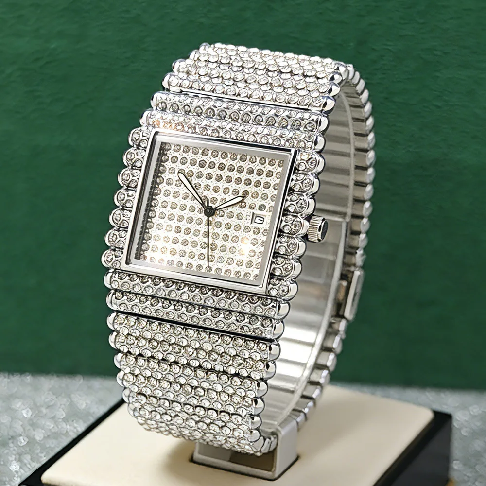 Men's New Hot Sale Hip-Hop Diamond Studded Starry Quartz Watch with Rectangular Butterfly Clasp Waterproof