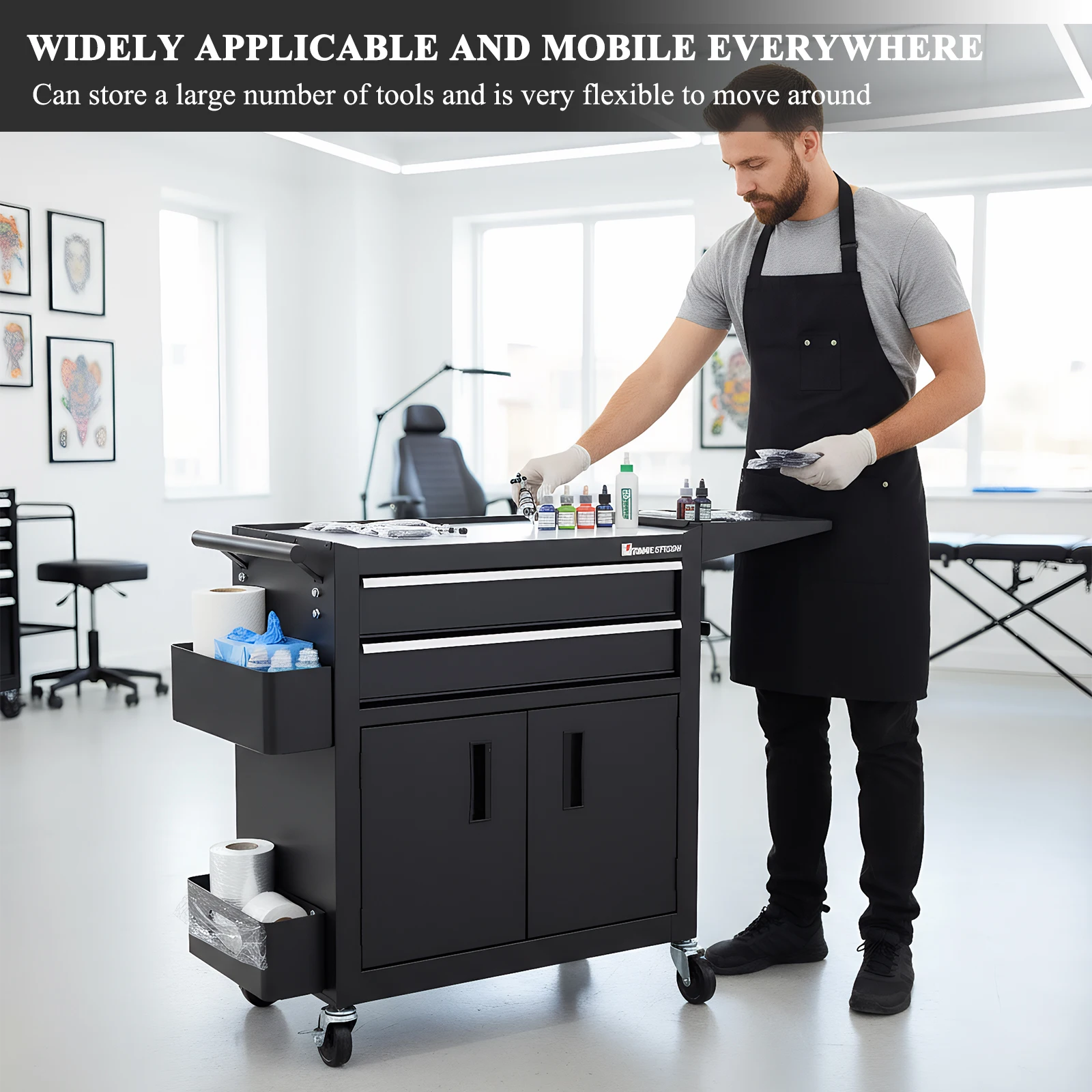 

Black Steel Cabinet Trolley with Drawers Salon Wheeled Trolley Cart Anti-Scratch Hairdressing Beauty Versatile Equipment