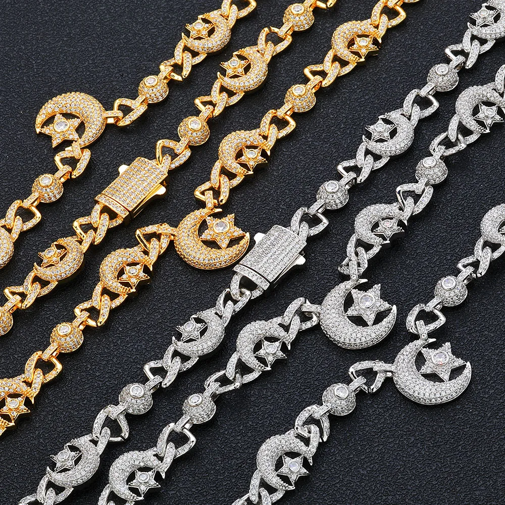 Iced Out CZ Moon & Star Necklace - close-up view