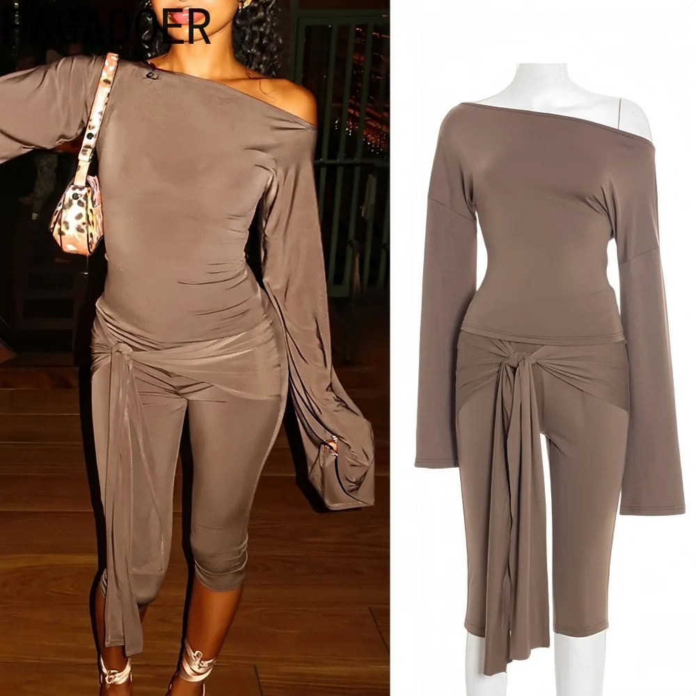

FAGADOER Sexy Woman 2 Piece Set Outfit Solid Color Off Showlder Crop Top and Bandage Pants Matching Female Streetwear Clothing