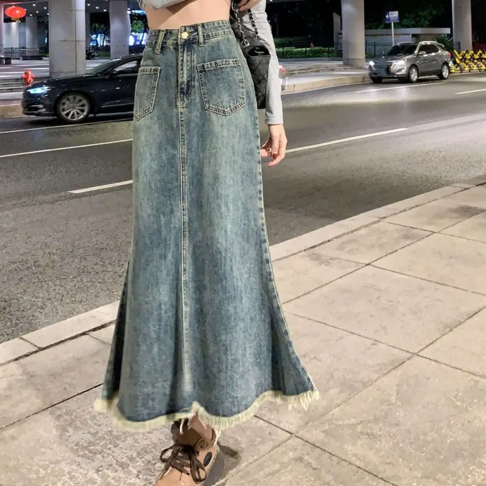 

Simple High Waist Denim Skirt Women Solid Color Retro A-line Half Dress Chic Loose High Waist Long Skirt Beach