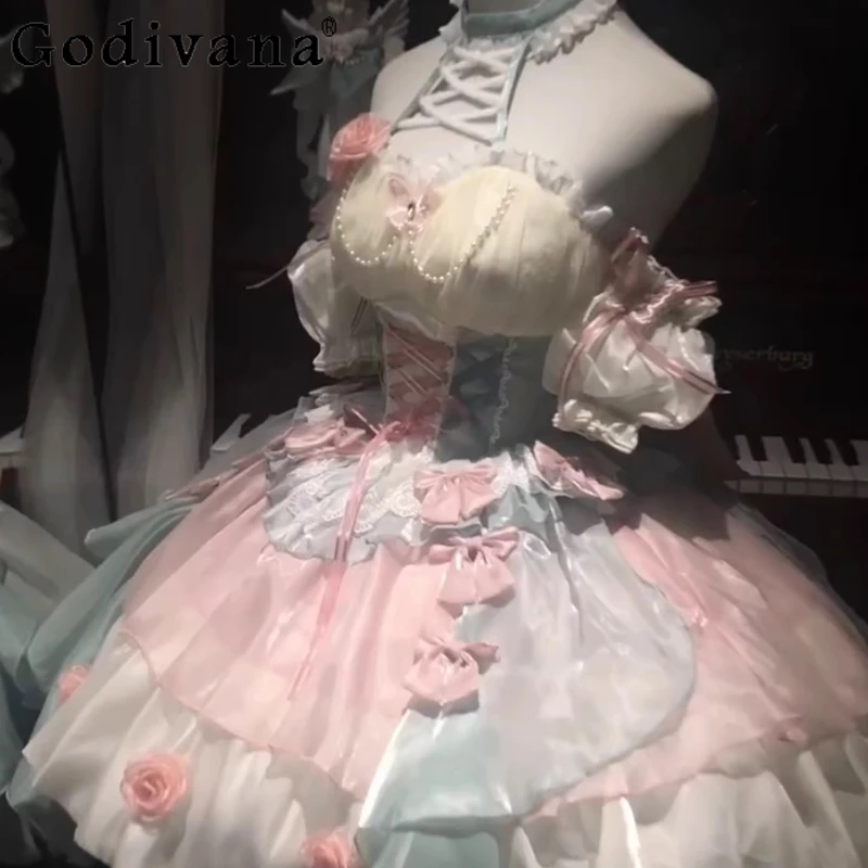 

Elegant Lolita Pure Desire Style Dress Women's Halter Pink Blue Lolita Runaway Dress Female Summer Sweet Princess Dress