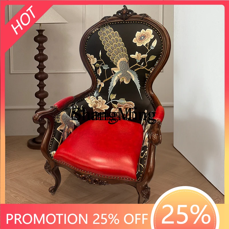 

SM new all solid wood leather single sofa chair retro classic furniture balcony casual peacock printing