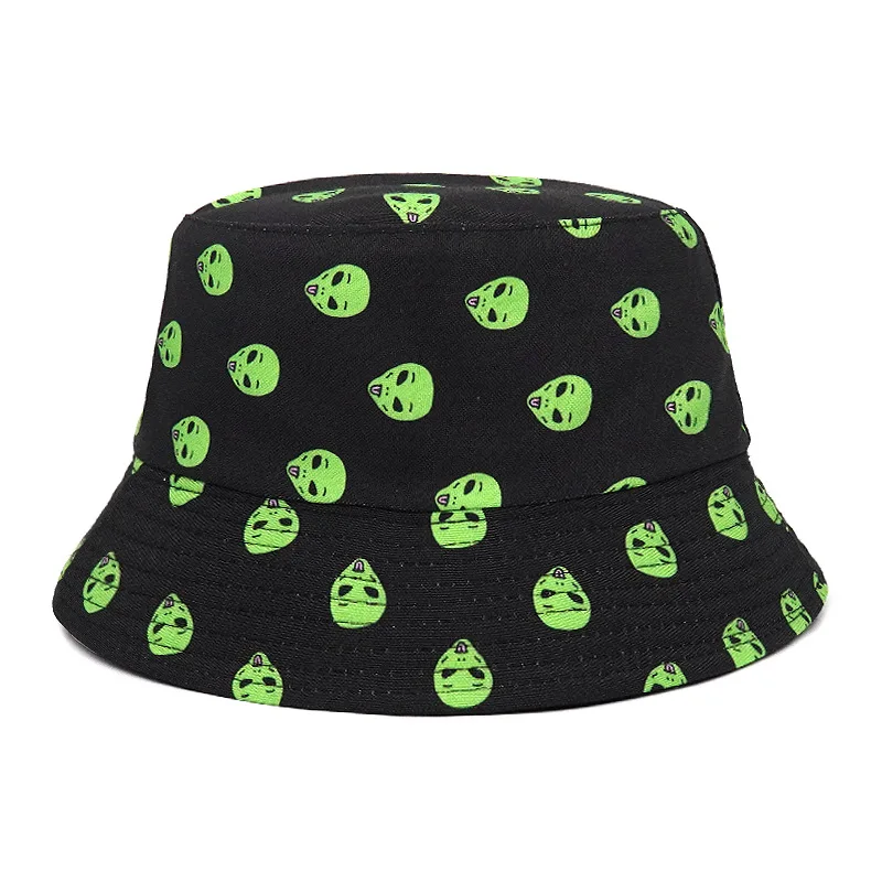 2023 New Summer Alien Skull Pattern Bucket Hats for Unisex Beach Foldable Bob Fisherman Hat Sun Cap