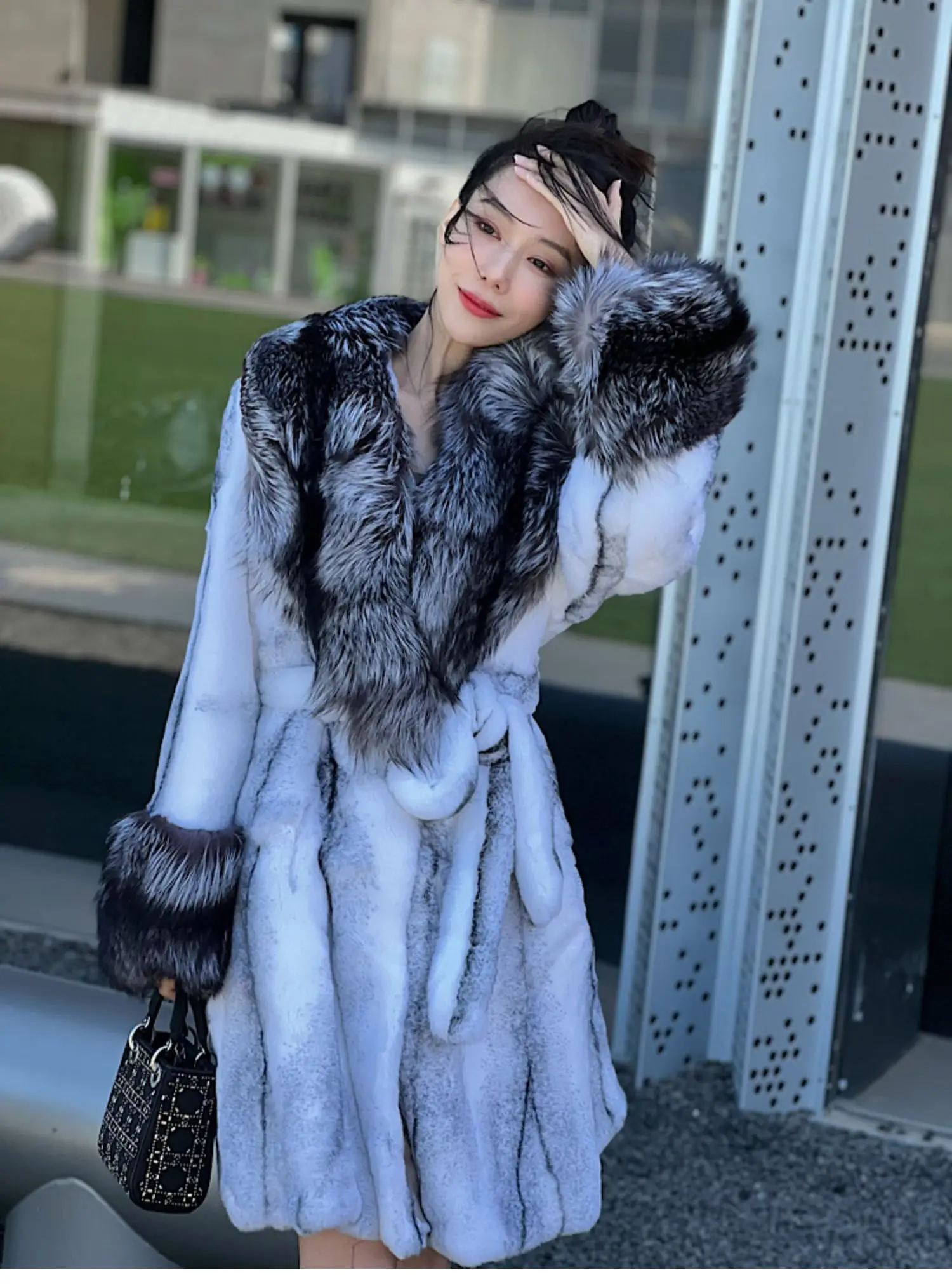 FURYOUME Long Natural Rabbit Fur Coat for Women Large Real Silver Fox Fur Collar Sleeve Cuffs Fashion Streetwear Winter