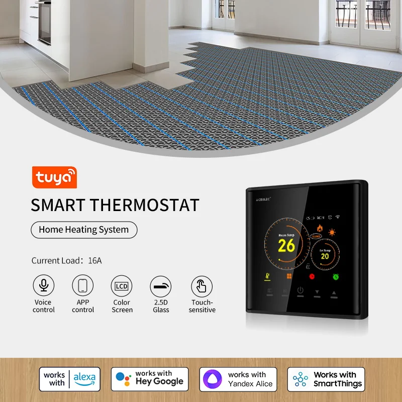 Electric Underfloor Heating 16A Thermostat with Application & Voice Control 2.8 Inch LCD Display Intelligent Programmable