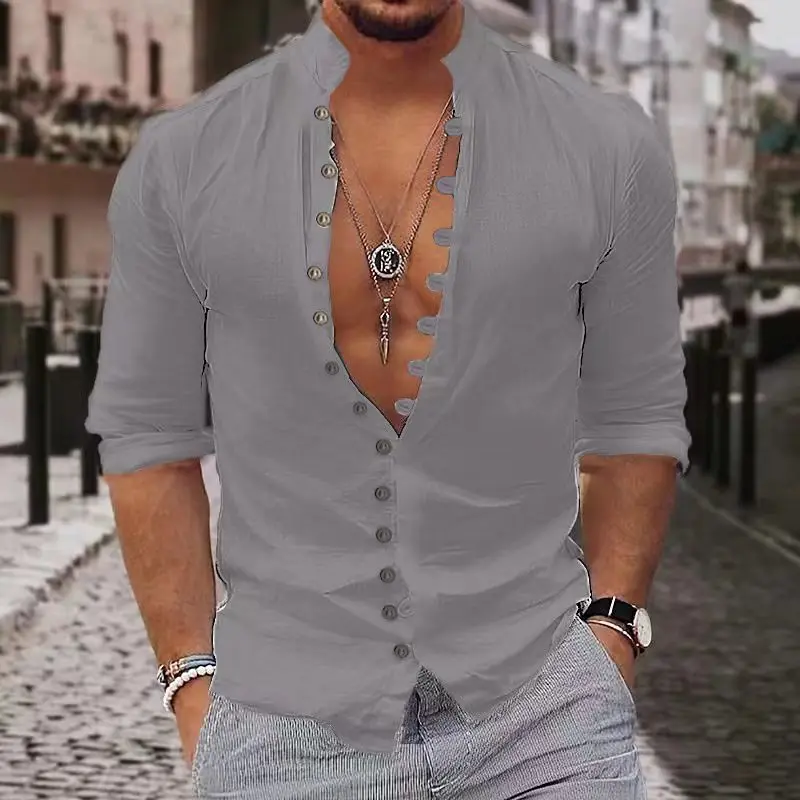 Camicia casual da uomo primaverile ed estiva Moda retrò 2025 Canapa Multi-bottone Stand Abbigliamento da uomo musulmano Cardigan a maniche lunghe da strada