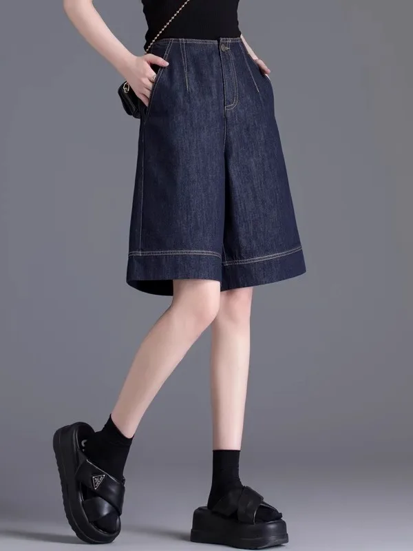 High Waist Denim Blue ort Pants Women's Summer Thin Wide Leg A-Line Slim Loose Straight Five-Quarter Pants Casual Sle