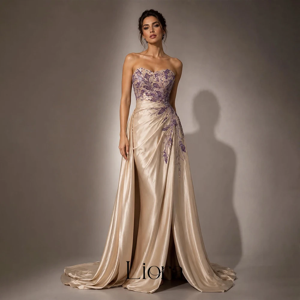 Liora Customized Satin Mother Of The Bride Gown Strapless Sweetheart Purple Leaf Beaded Appliques Draped Split Evening Dresses