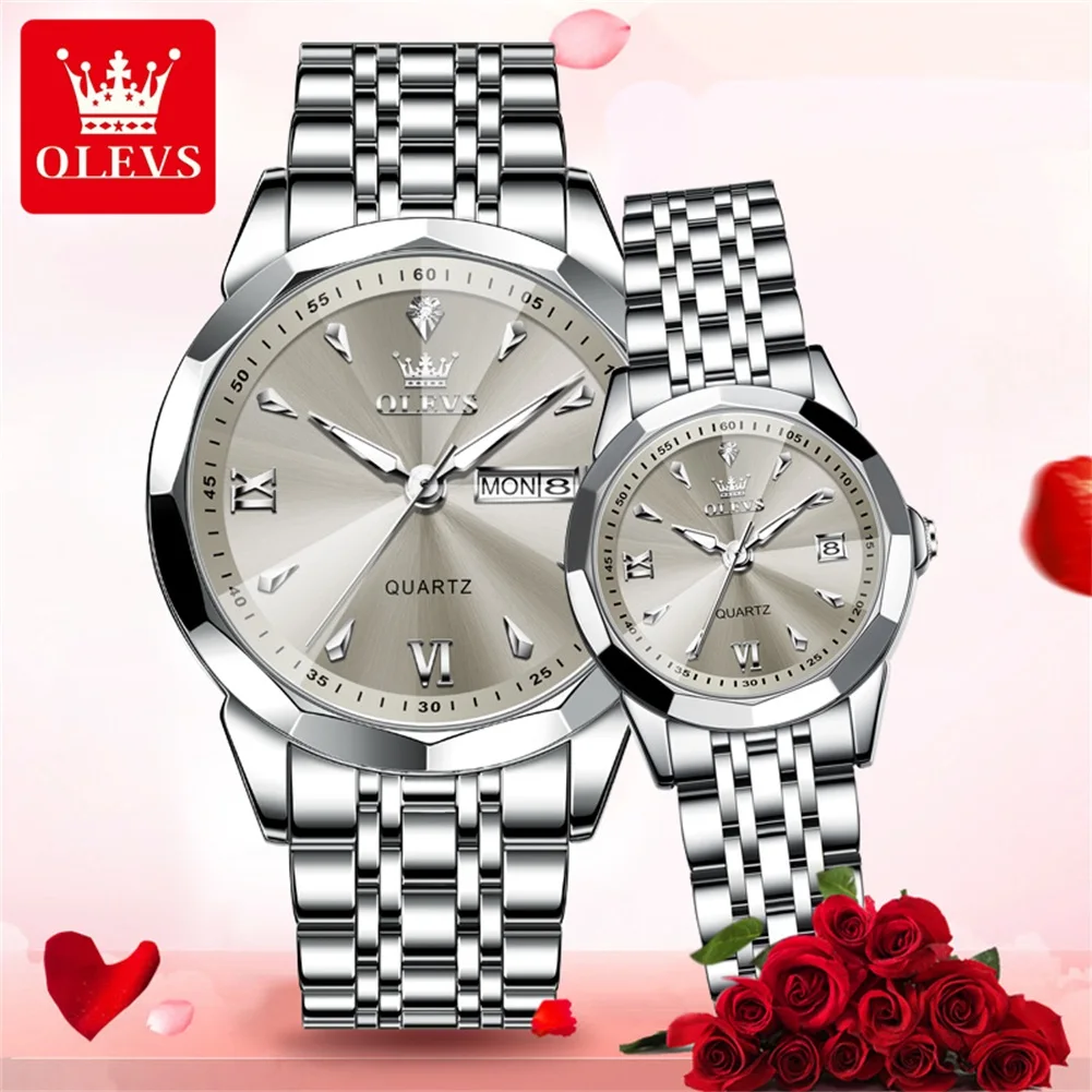 ساعات OLEVS للزوجين كاجوال من الفولاذ المقاوم للصدأ كوارتز أصلية مقاومة للماء بتقويم مضيء للرجال والنساء