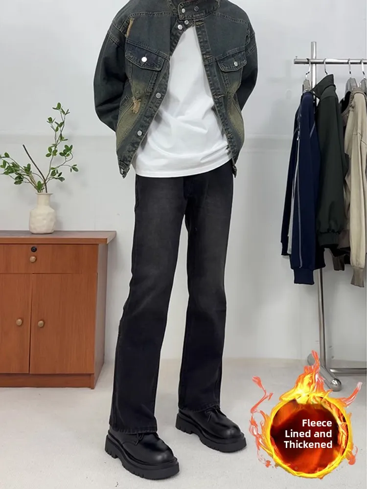 

American Sle Thiened Fce Lined Straight Leg Men's Jeans Winter Trendy Loose Wide Leg Micro Flared Long Trousers