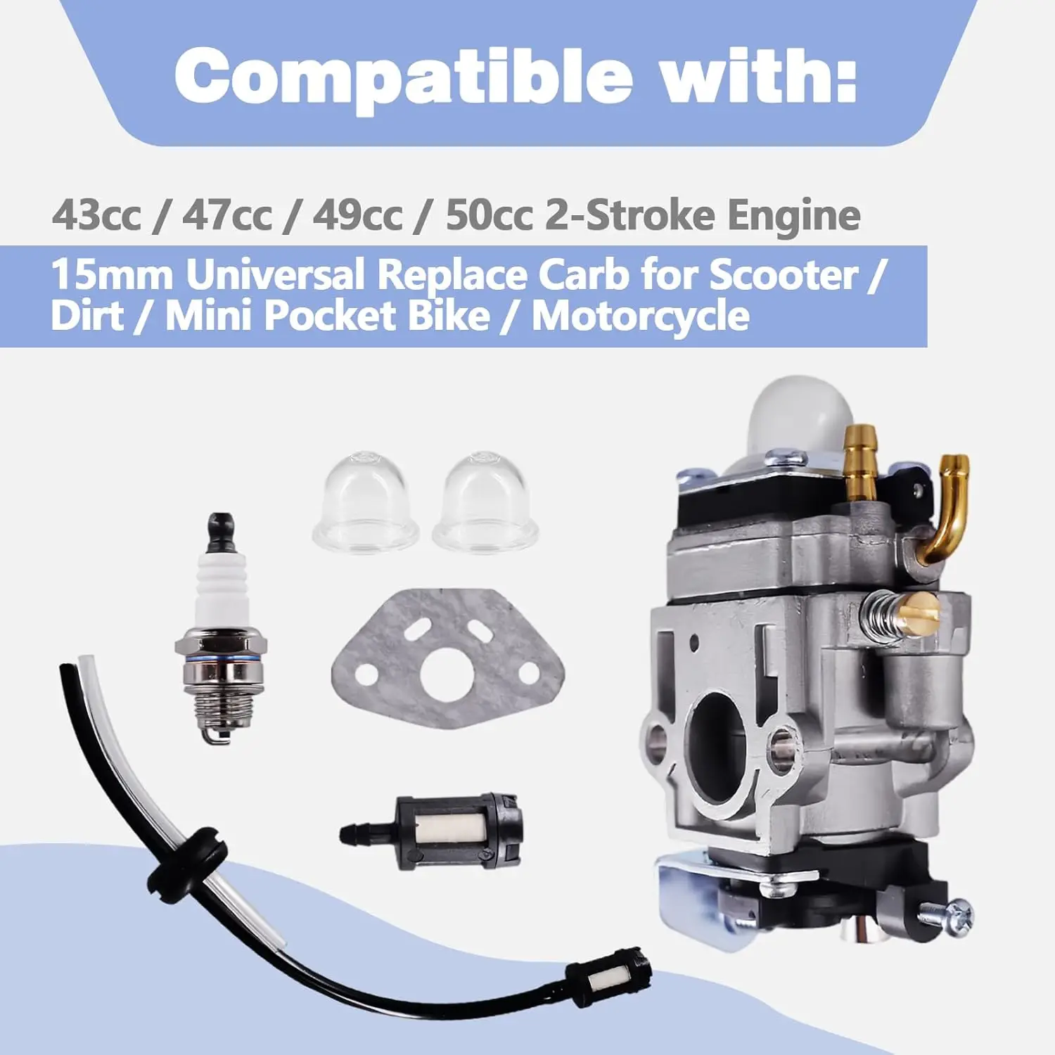 Carburetor Kit Fits for 43cc 47cc 49cc 50cc Scooter Dirt Mini Pocket Bike Motorcycle 2-Stroke Engine 15mm Replace Carb For Go-Pe