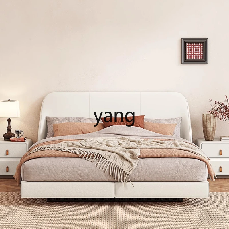 

LH all leather suspension bed modern simple all solid wood bed frame minimalist cream wind master bedroom floor bed