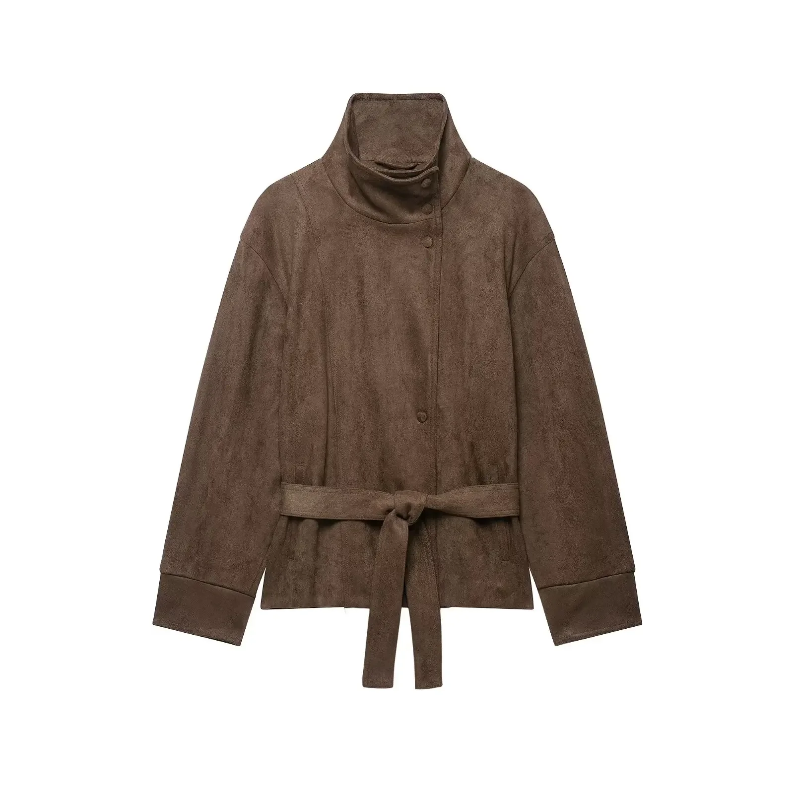 KONDALA Damen High-Street-Jacke Elegante Kunstwildleder-Jacke mit Gürtel und Stehkragen Neue 2026 Herbst-Winter Pendler-Damen-Kurzjacke – Detail 5