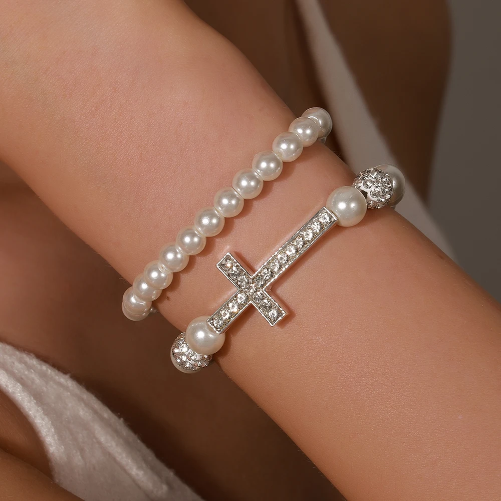 

NADEEM Ins Geometrous Simulated Pearls Cross Bracelets for Women Wedding Jewelry Shiny Rhinestone Strand Bracelets Wholesale Hot