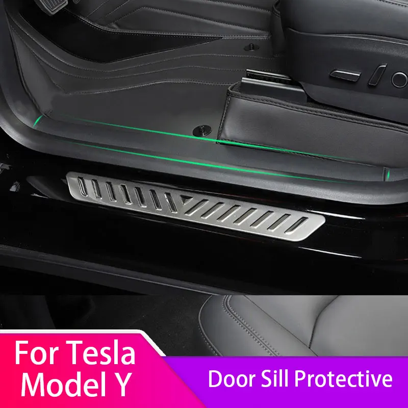 

For Tesla Model Y 20-23 Carbon Fiber Leather Front Rear Door Sill Protective car accessories stickers 4PCS