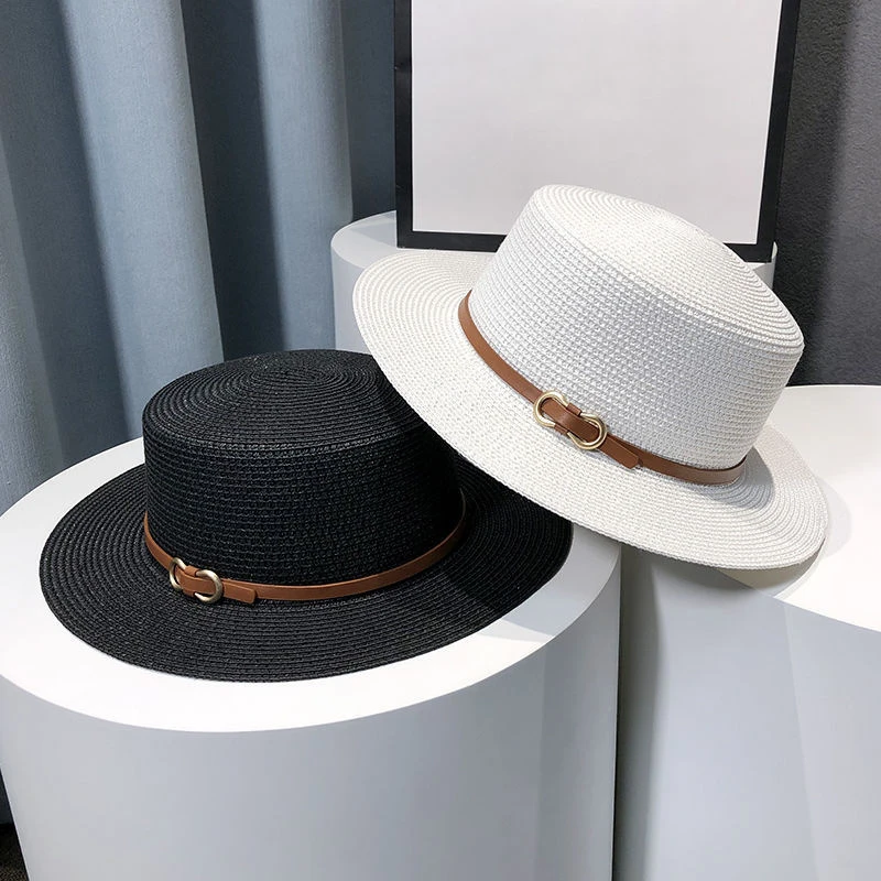 Women Summer Straw Hat Beach UV Resistant Sun Hats Ladies Large Brim Grass Visors Belt Decor French Female Flat Top Jazz Cap 캡모자