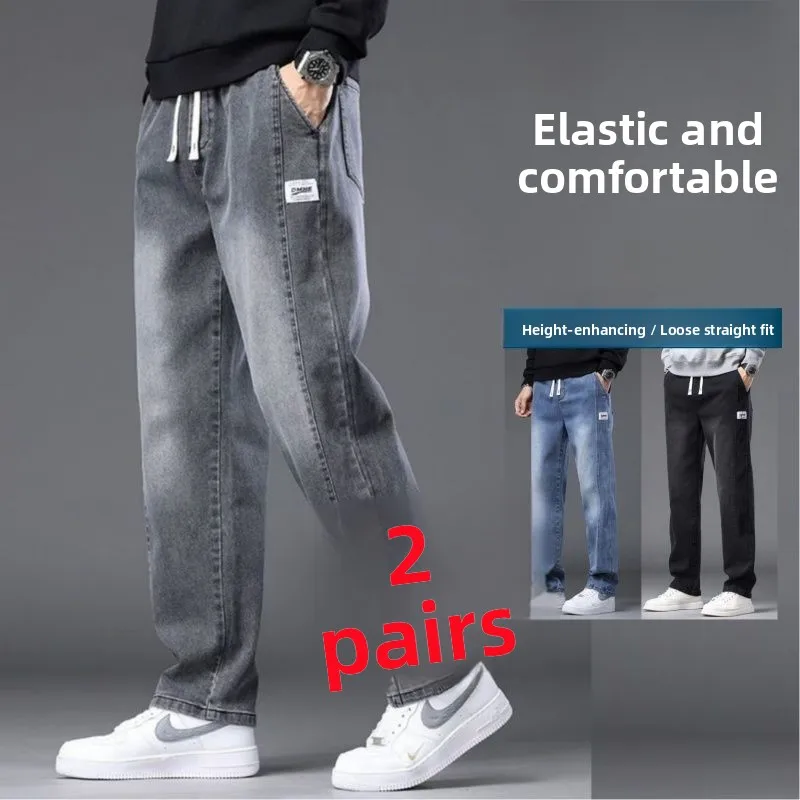 

Loose Fit Youth Men's Jeans Elastic Dstring Straight Leg Pants Casual Trendy Brand High Elastici Breathable Wear Resistant