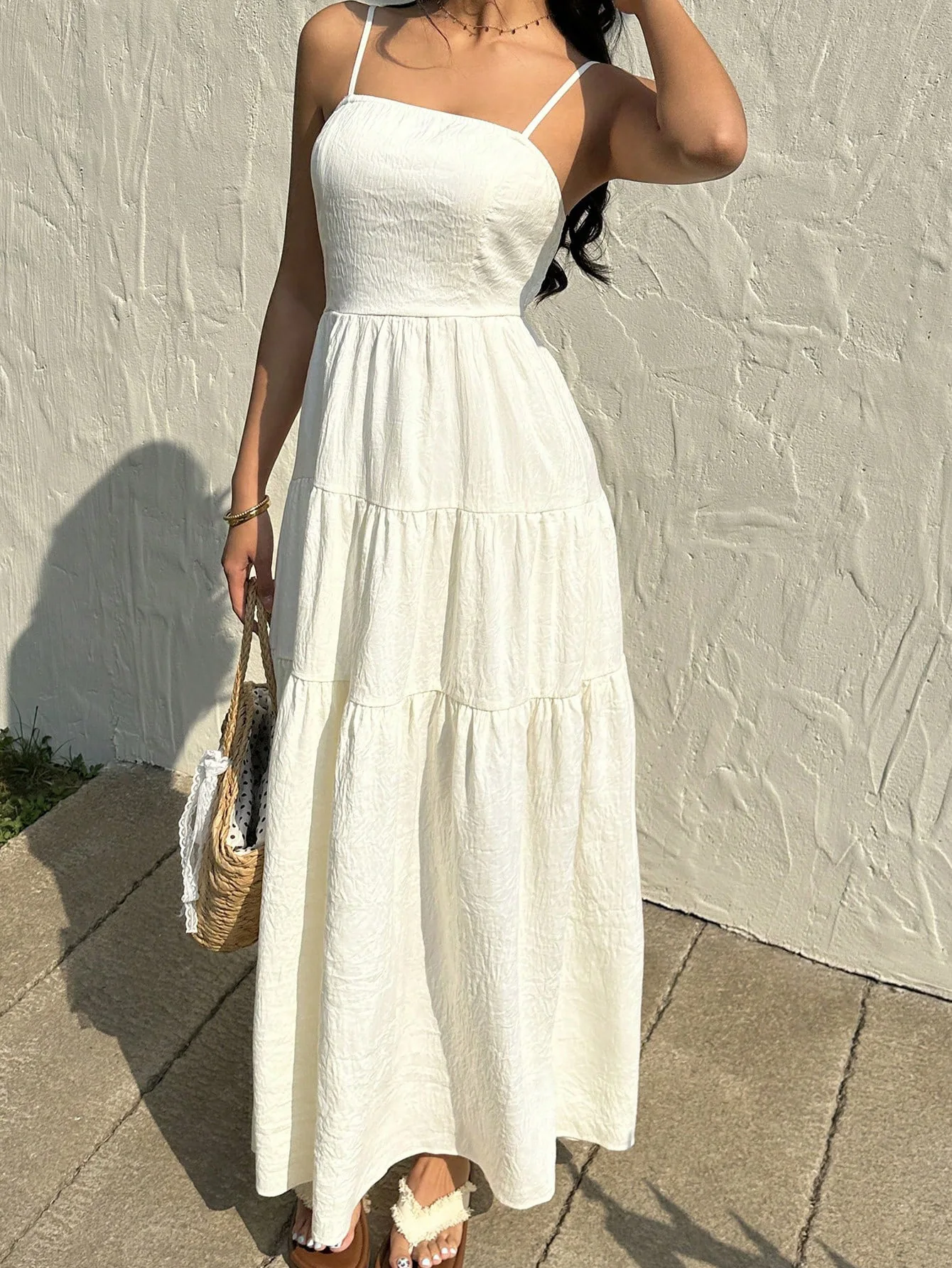 

2025 Summer Solid Color Strappy Backless Dress Women's Tiered Ruffle Sundress Sexy Casual Vacation Maxi Dress Beach Party Gown