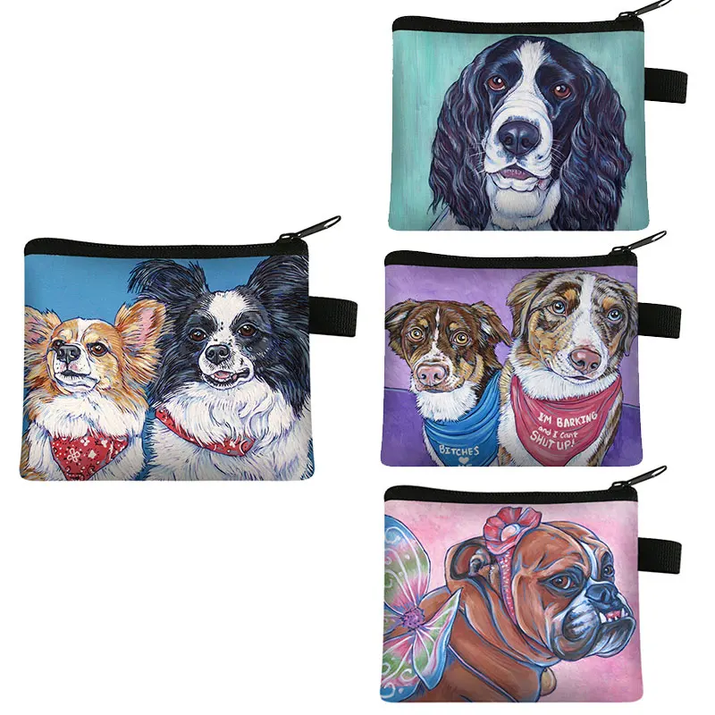 Cute Yorkshire Terrier / Australian Shepherd Dog Oil Paint Coin Bag Women Wallets Credit Card Money Bag Kawaii Coin Purses Gift