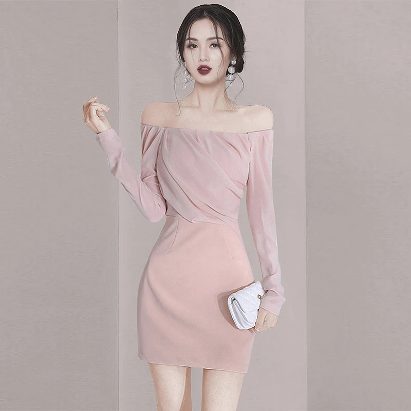 Ofallsis Off Shoulder Pink Long Sleeve Party Dress 2024 New Women's Early Spring Sexy Backless Temperament Slim Fit Dresses