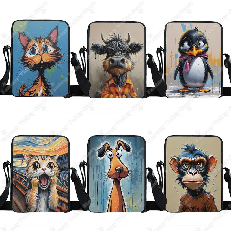 

Акриловая живопись, милый животный принт, женская сумка, пингвин, кошка, собака, лягушка, обезьяна, сумка через плечо, держатель для телефона, сумка для хранения, подарок