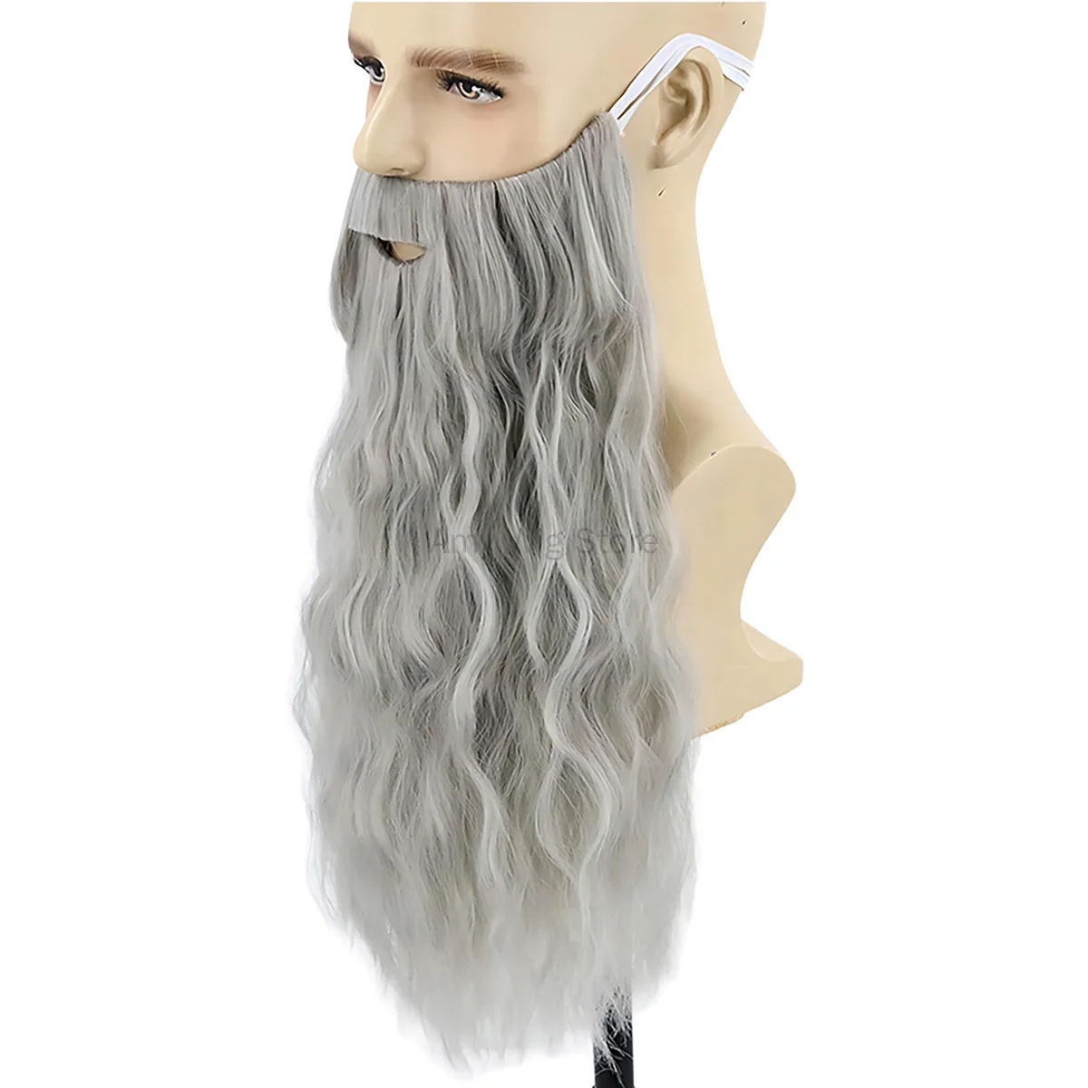 Peluca de fiesta temática para hombre, pelo largo y rizado, color gris, con bigote, disfraz de Halloween, barba falsa