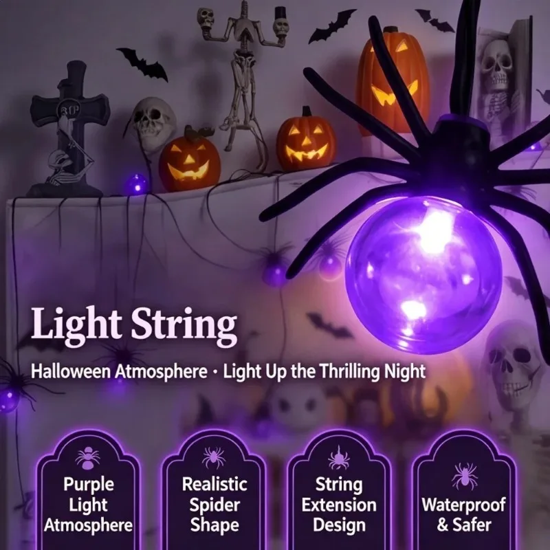 Battery Powered Spider LED String Lights, Halloween Outdoor Decorations for Yard Garden Party