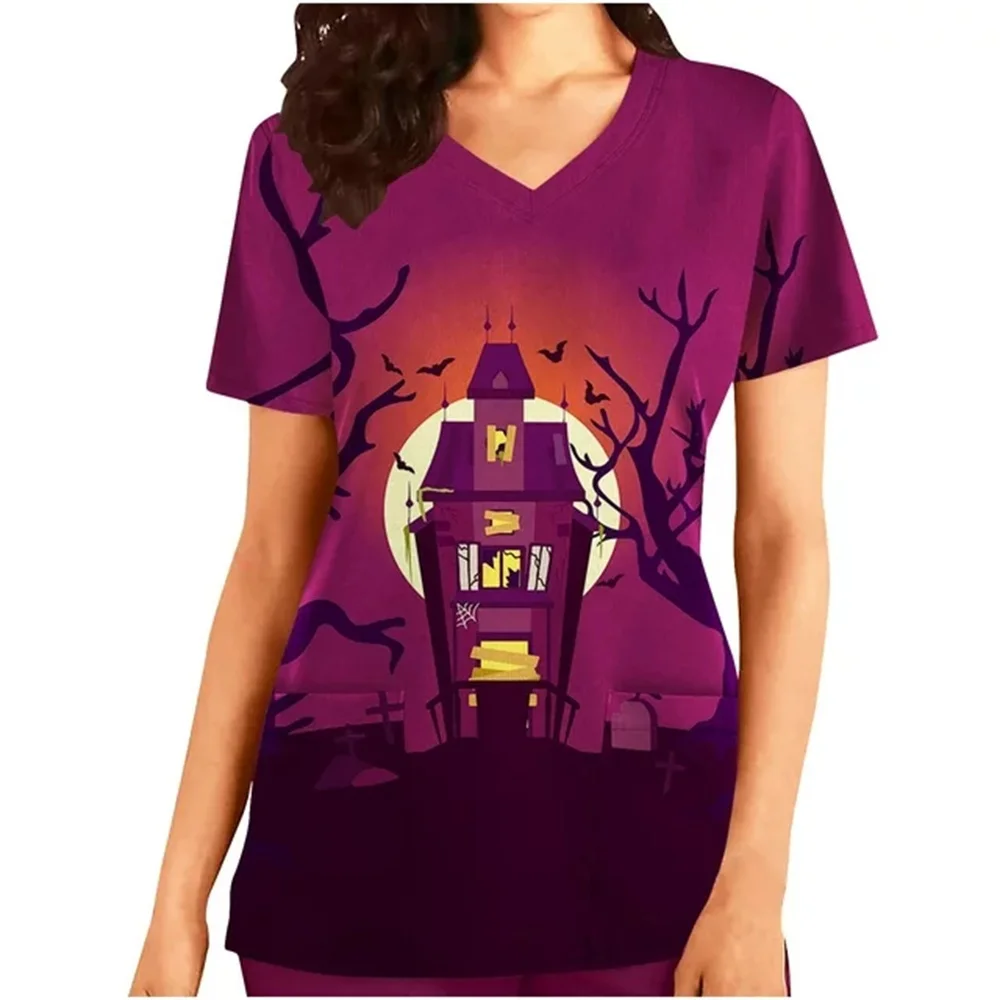 Halloween Damen Krankenschwesteruniform Frosted Top Damen Bedruckte Scrub Tops Arbeitsuniform Kurzarm V-Ausschnitt Taschenarbeitsuniform