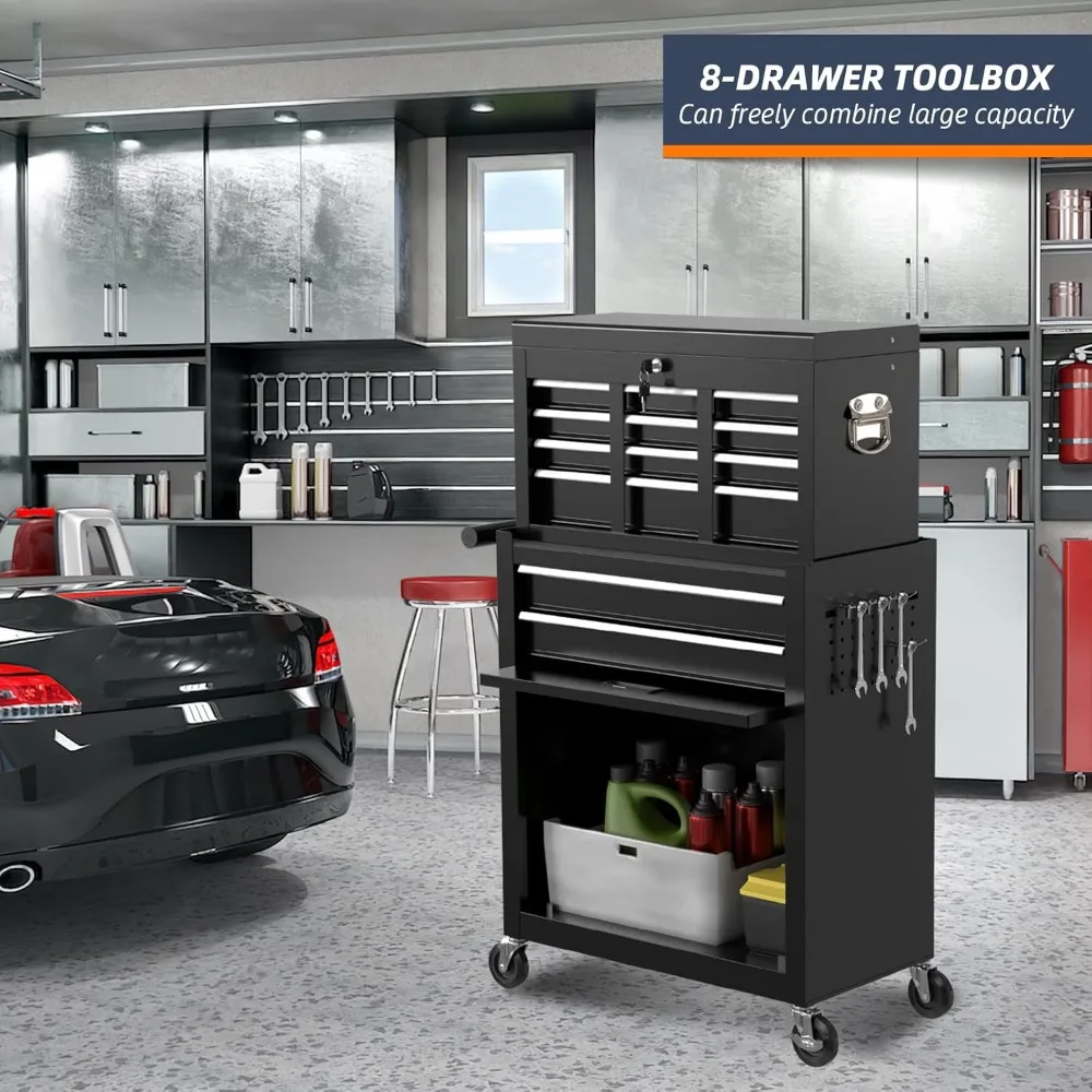 

8-Drawer Rolling Tool Box, Lockable Rolling Tool Chest with Wheels and Drawers, 2 in 1 Large Capacity Storage Tool Cabinet