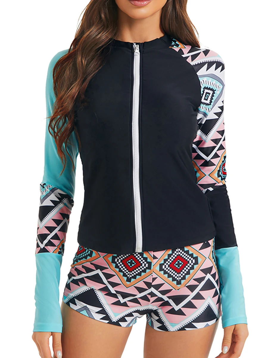 

2026 Printed Swimuit Women 2 Pieces Slim Rushguard Long Sleeves Surfing Swimwear Female Bathers Bathing Swimming Swim Surf Suit