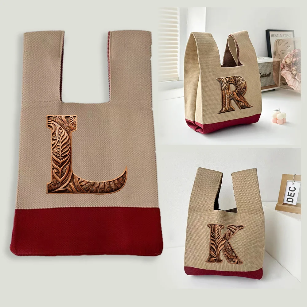 

Wrist Tote Bags Knitted Bag Purse Organizer Wallet Crochet Woven Knot Handbag Coin Pouch Portable Wood Art Letter Series