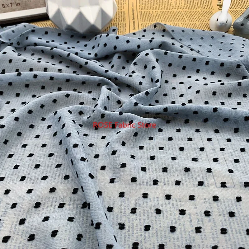 

Black and White Dots Jacquard Chiffon Fabric for Blouse, Spring Dress, Vacation Party dress, Dance Dress